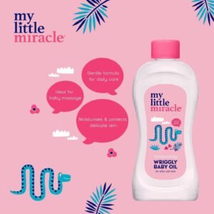 Keep up with your little one’s endless energy while providing their skin with the care it needs. My Little Miracle Wriggly Baby Oil is specially designed to moisturize and protect your baby’s delicate skin, leaving it soft, smooth, and nourished. Perfect for massages or post-bath hydration, even for the most active babies. Key Benefits • Deep Moisturization: Locks in hydration to protect against dryness, keeping your baby’s skin soft and smooth. • Gentle & Non-Greasy Formula: Absorbs quickly, leaving no sticky residue—ideal for wriggly babies on the go. • Nourishing Ingredients: Enriched with natural oils to soothe and care for delicate skin. • Perfect for Massages: Promotes bonding time while supporting healthy skin development.