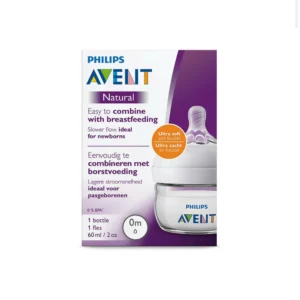 Philips Avent Natural Bottle 0m+ 60ml – Compact anti-colic baby bottle with a breast-shaped nipple for newborns.