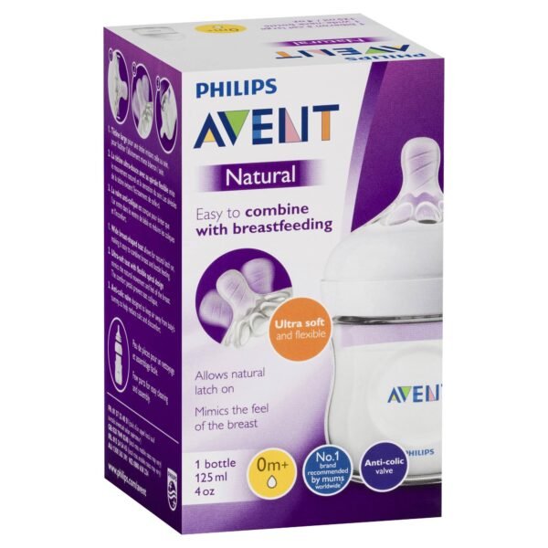 Philips Avent Natural Bottle 0m+ 125ml – Anti-colic baby bottle with a breast-shaped nipple for easy feeding.