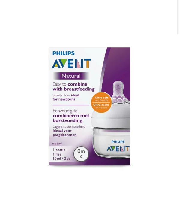 Philips Avent Natural Bottle 0m+ 60ml – Compact anti-colic baby bottle with a breast-shaped nipple for newborns.