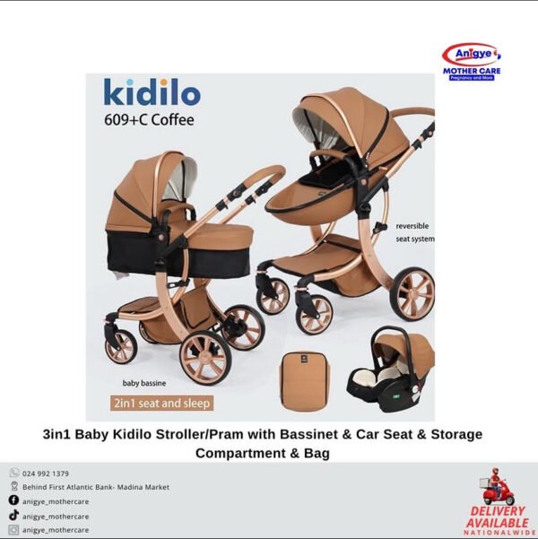 3in1 Baby Kidilo Stroller/Pram With Bassinet, Car Seat, Storage Compartment  & Bag