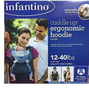 Infantino Cuddle Up Ergonomic Hoodie Carrier, featuring adjustable straps, soft breathable fabric, and a built-in hoodie for babies 5.4-18kg, worn by a parent carrying their baby.