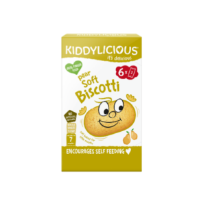 A pack of Kiddylicious Pear Soft Biscotti (6 packs) for babies aged 7 months and above, displayed with a soft, light texture and natural pear ingredients, perfect for healthy snacking and weaning