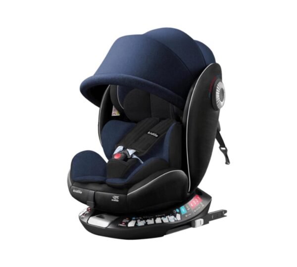 A stylish Kidilo Baby Car Seat with 360-degree rotation, shown in a car interior, featuring soft padding, a 5-point harness, and rear-facing design for infants up to 13kg.