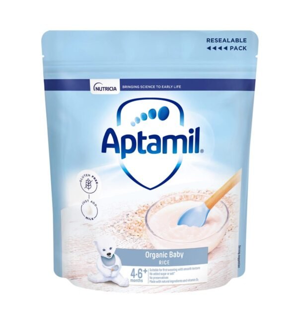 Aptamil Organic Rice 4-6+ months, premium organic baby food with a smooth texture, perfect for weaning and gentle on tiny tummies.