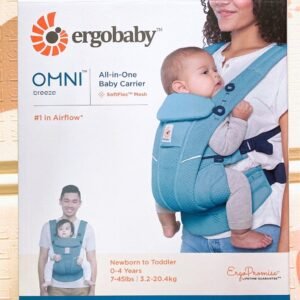 Ergobaby Omni Breeze All-In-One Baby Carrier in use, featuring breathable SoftFlex™ mesh fabric, adjustable straps, and a detachable storage pouch for parents and babies aged 0-4 years