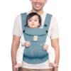 Ergobaby Omni Breeze All-In-One Baby Carrier in use, featuring breathable SoftFlex™ mesh fabric, adjustable straps, and a detachable storage pouch for parents and babies aged 0-4 years