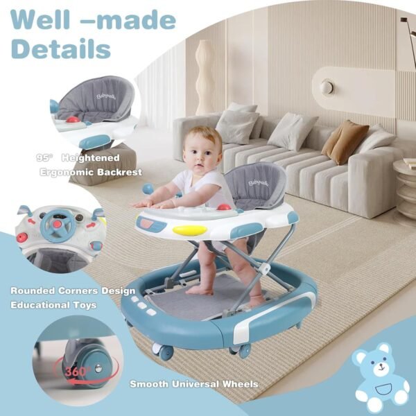 Baby Walker, 4 in 1 Foldable Baby Walker with Wheels, Activity Walker with 4 Adjustable Height, Baby Walker for Boys Girls, Music, Removable Play Tray - Image 8