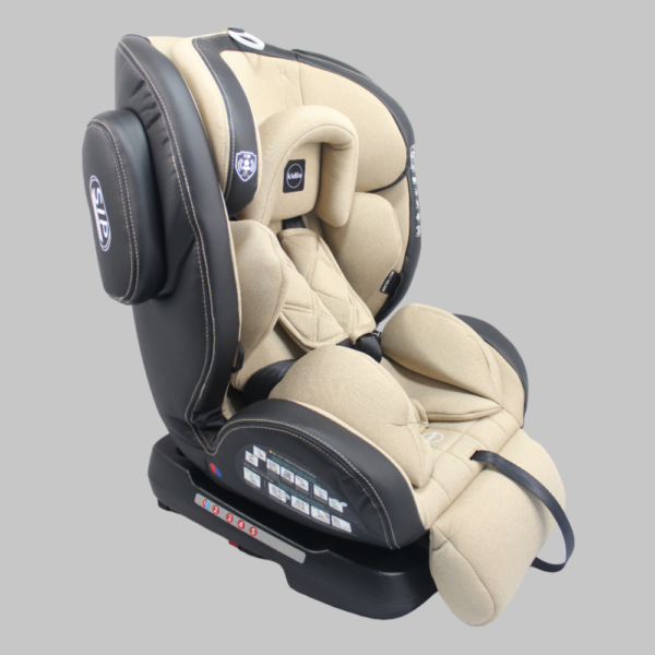 A sleek Kidilo Baby Car Seat KBH308-Pro (360) in a car interior, showcasing its 360-degree rotating feature, soft cushioning, and modern design for ages 0-12 years.