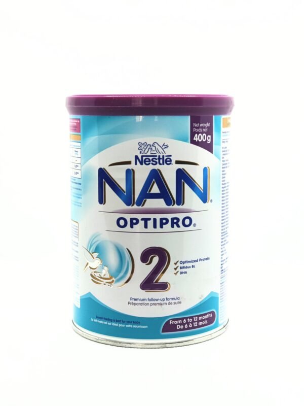 A tin of NAN 2 Optipro 400g baby formula, designed for infants aged 6 months and above, placed on a clean white background with a soft pastel design, symbolizing growth and nourishment.