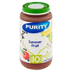 A vibrant image of Purity Summer Fruit puree for babies aged 10 months and above, featuring a smooth blend of natural summer fruits with no preservatives, ideal for healthy growth and easy digestion.