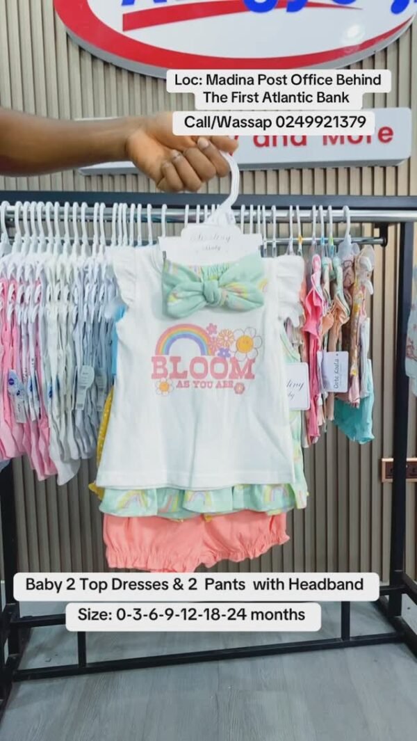 Baby 2 Top Dresses & 2 Pants with Headband (0-24 months)